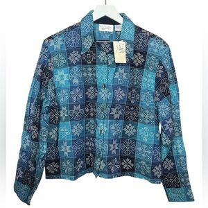 NEW VTG Cottagecore Cropped Shirt Jacket L Cross Stitch Quilt Pattern Blue